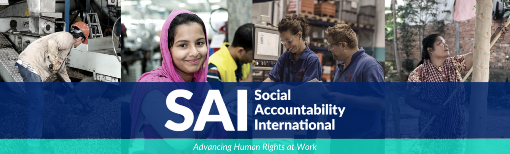 composite banner image with various photos of people at work overlaid by a blue box with the words :social accountability International, human rights at work"