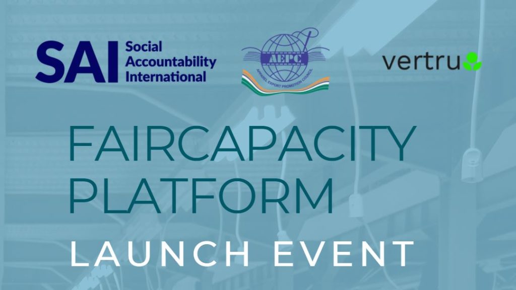 Blue and white text on a blue background: "FairCapacity Platform Launch Event" logos for SAI, AEPC, and vertru