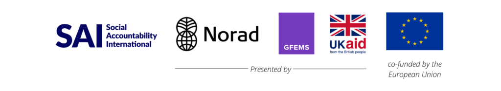series of logos: Social Accountability International, Norad, GFEMS, Ukaid, and European Union