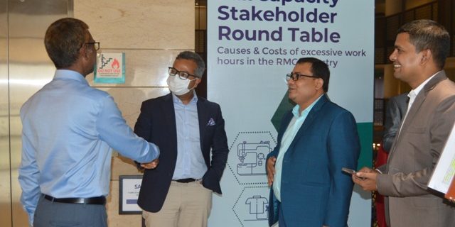 Guests arriving to the FairCapacity Stakeholder Roundtable. Pictured from left to right: Abdul Mottaleb, Managing Director, GSCS International Ltd.; Abdullah Hil Rakib Managing Director, Team Group and BGMEA; Abdul Alim, Lead Trainer, SAI; and Md. Anower Khaled, Head of Operation, Sustainable Management Systems Inc.