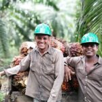 Palm oil workers smile in front of palms while wearing protective equipment