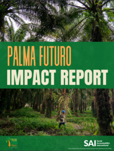 A man wearing a hard hat holding a long pole in a forest of oil palm trees. Text: Palma Futuro Impact Report" with SAI and Partners of the Americas logo