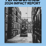 Impact report cover page with black and white photo of worker in factory