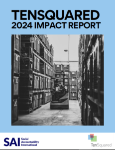 Impact report cover page with black and white photo of worker in factory